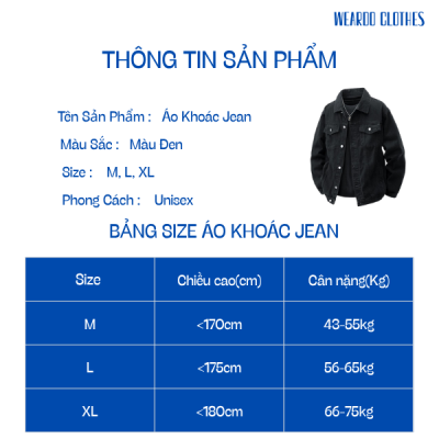 Bảng size áo khoác jean