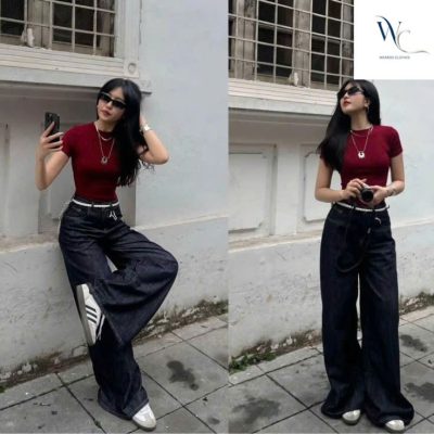 mix&max quần jean nữ cùng áo đỏ